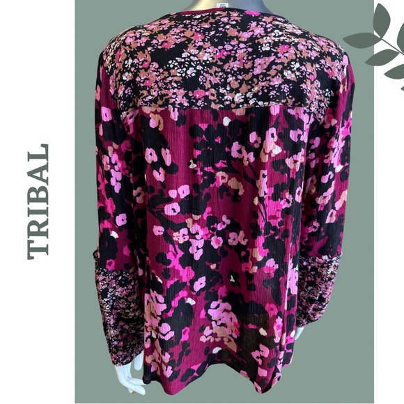 Tribal Flowy Blouse Floral Mixed Print Bob Pintuck Detail Purple Pink Size Small - Picture 9 of 11
